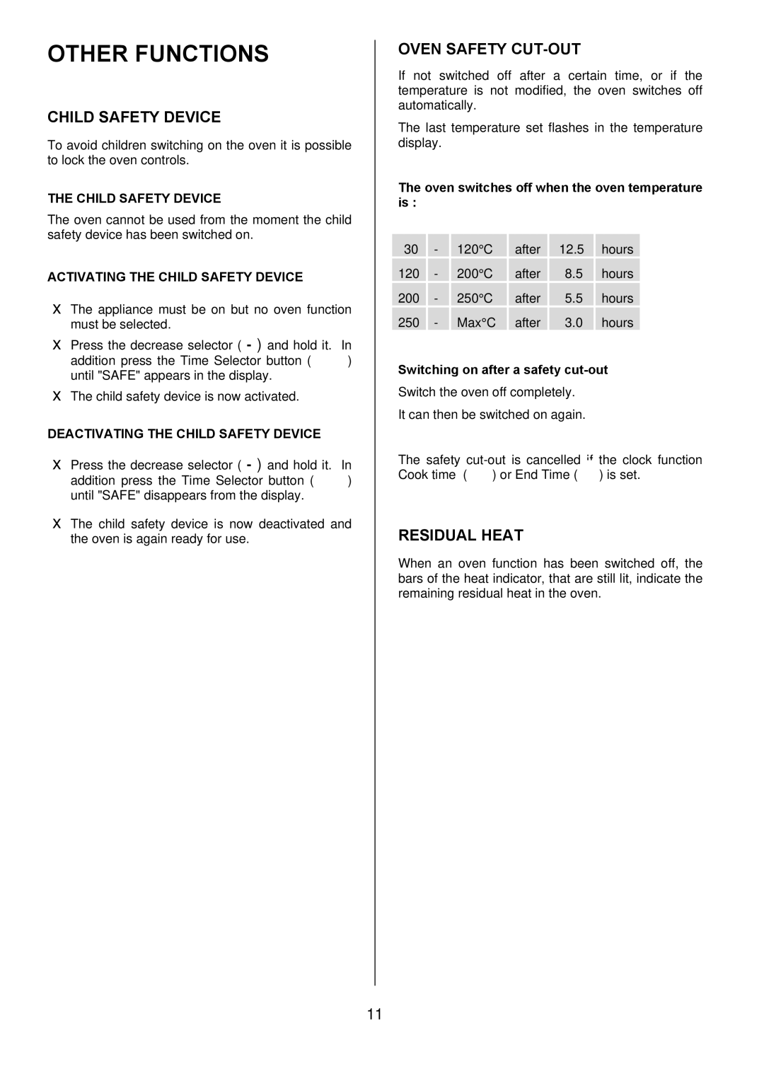 Zanussi ZDQ 995 manual Other Functions, Child Safety Device, Oven Safety CUT-OUT, Residual Heat 