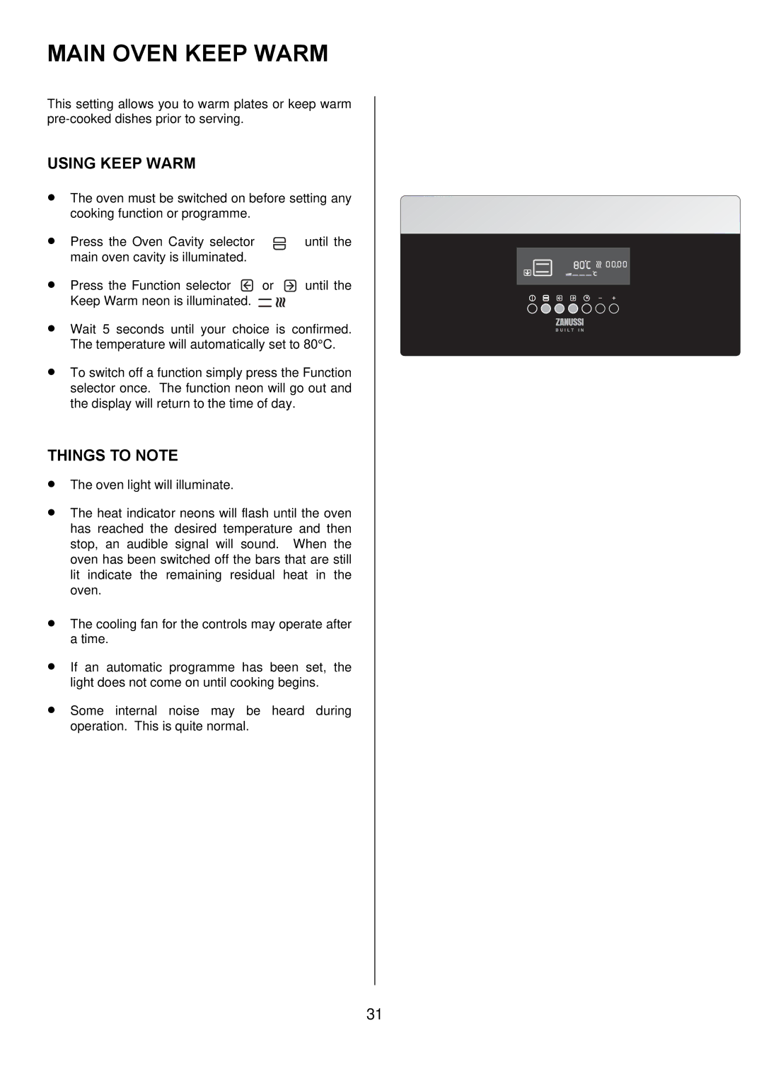 Zanussi ZDQ 995 manual Main Oven Keep Warm, Using Keep Warm 