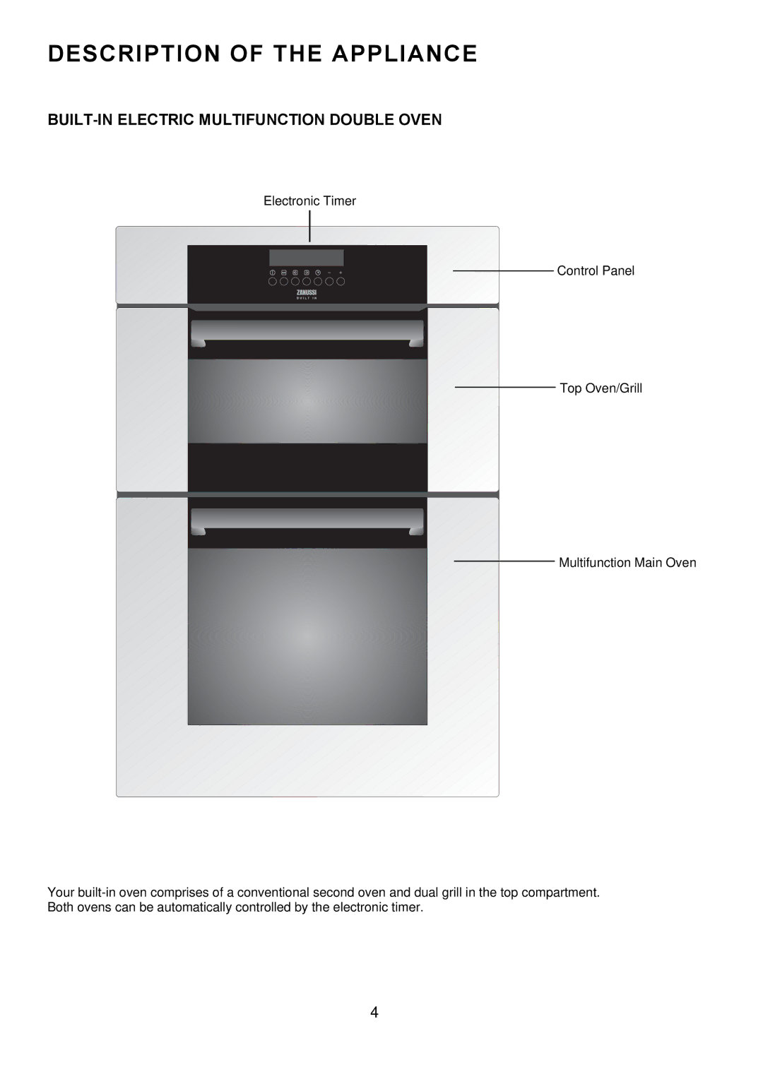 Zanussi ZDQ 995 manual Description of the Appliance, BUILT-IN Electric Multifunction Double Oven 