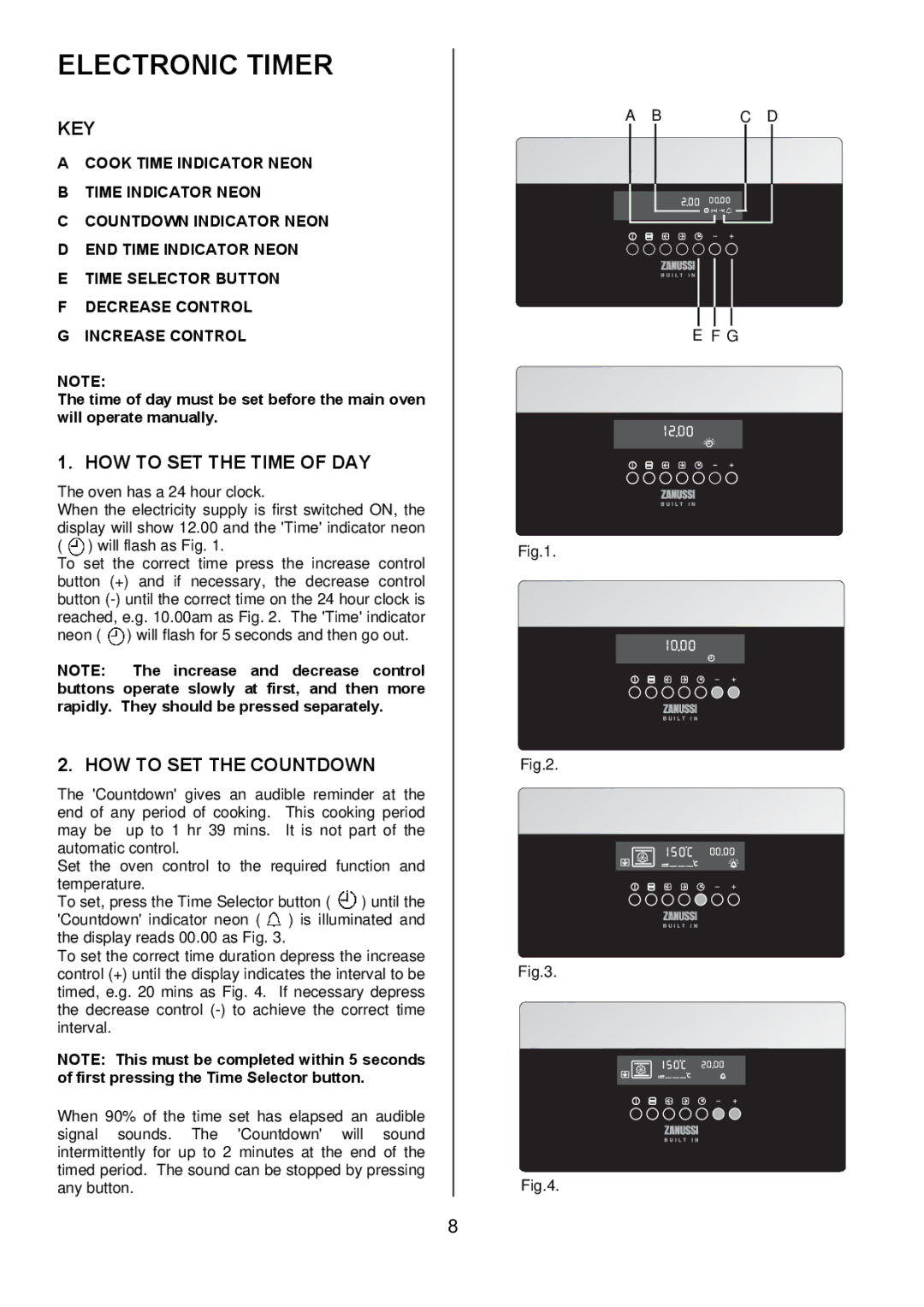 Zanussi ZDQ 995 manual Electronic Timer, Key, HOW to SET the Time of DAY, HOW to SET the Countdown 