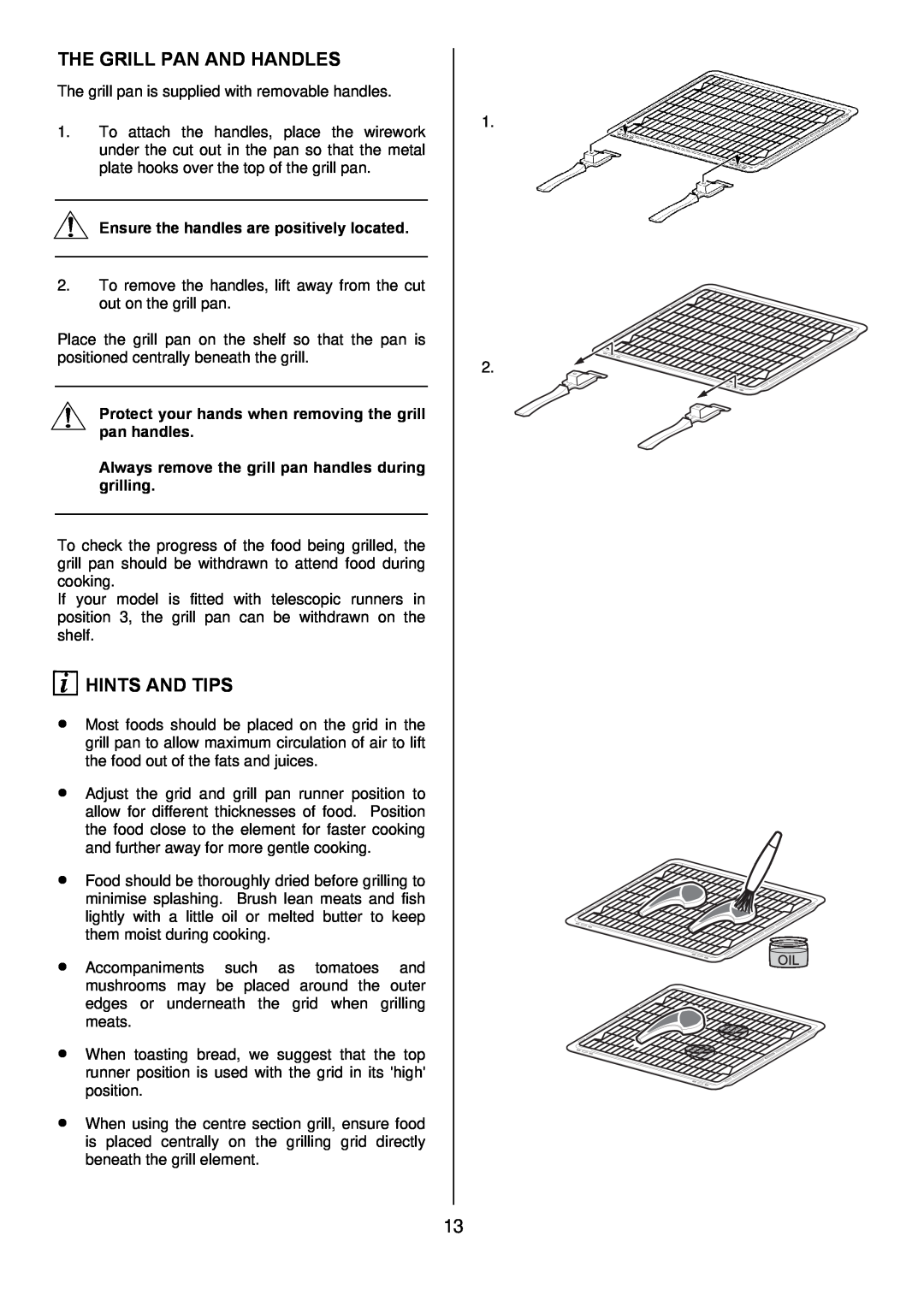 Zanussi ZDQ 995 manual The Grill Pan And Handles, Hints And Tips, Ensure the handles are positively located 