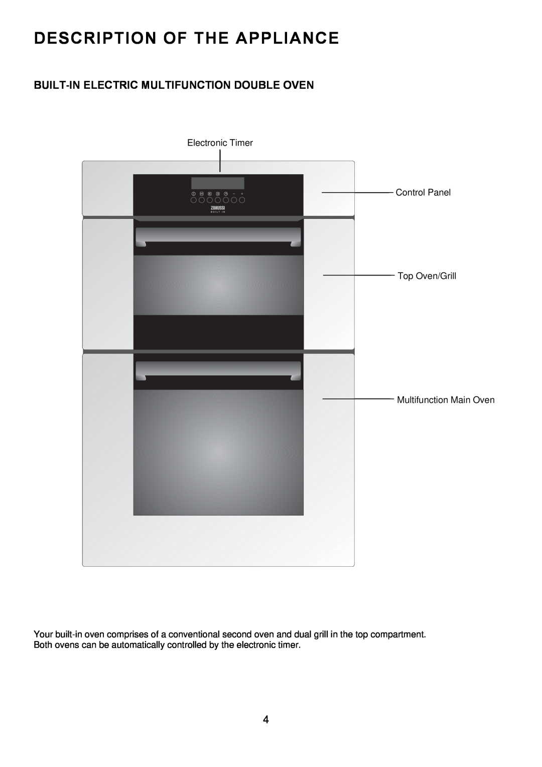 Zanussi ZDQ 995 manual Description Of The Appliance, Built-In Electric Multifunction Double Oven 
