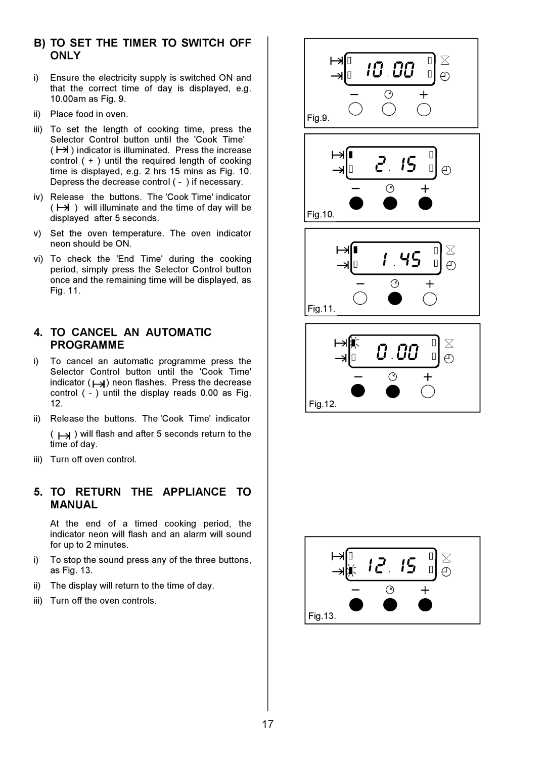 Zanussi ZDQ495 To SET the Timer to Switch OFF only, To Cancel AN Automatic Programme, To Return the Appliance to Manual 