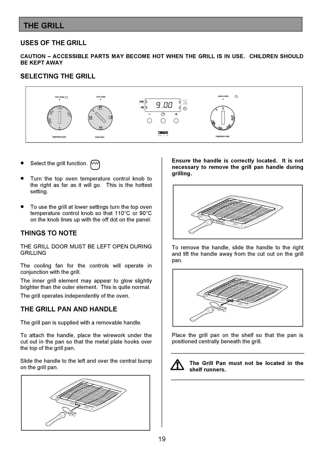 Zanussi ZDQ495 manual Uses of the Grill Selecting the Grill, Grill PAN and Handle 