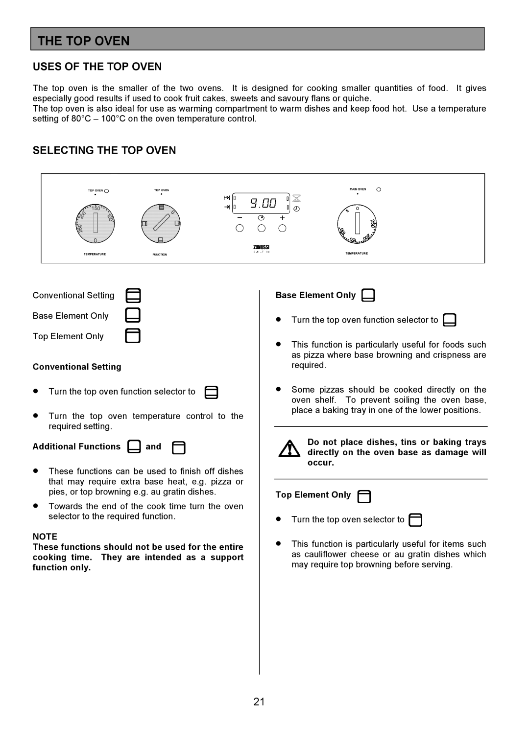 Zanussi ZDQ495 manual Uses of the TOP Oven, Selecting the TOP Oven 