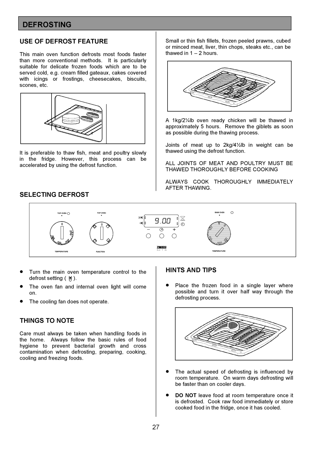 Zanussi ZDQ495 manual Defrosting, USE of Defrost Feature, Selecting Defrost 