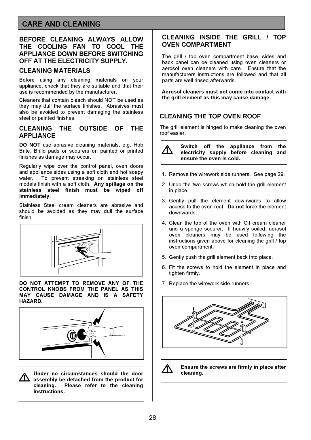 Zanussi ZDQ495 Care and Cleaning, Cleaning the Outside of the Appliance, Cleaning Inside the Grill / TOP Oven Compartment 