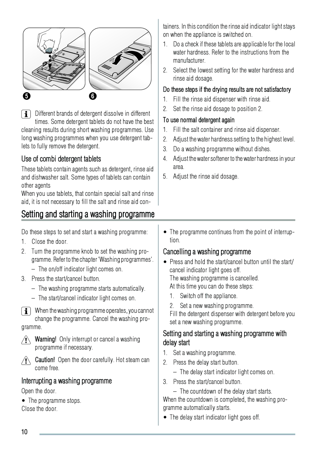 Zanussi ZDS 2010 Setting and starting a washing programme, Use of combi detergent tablets, Cancelling a washing programme 