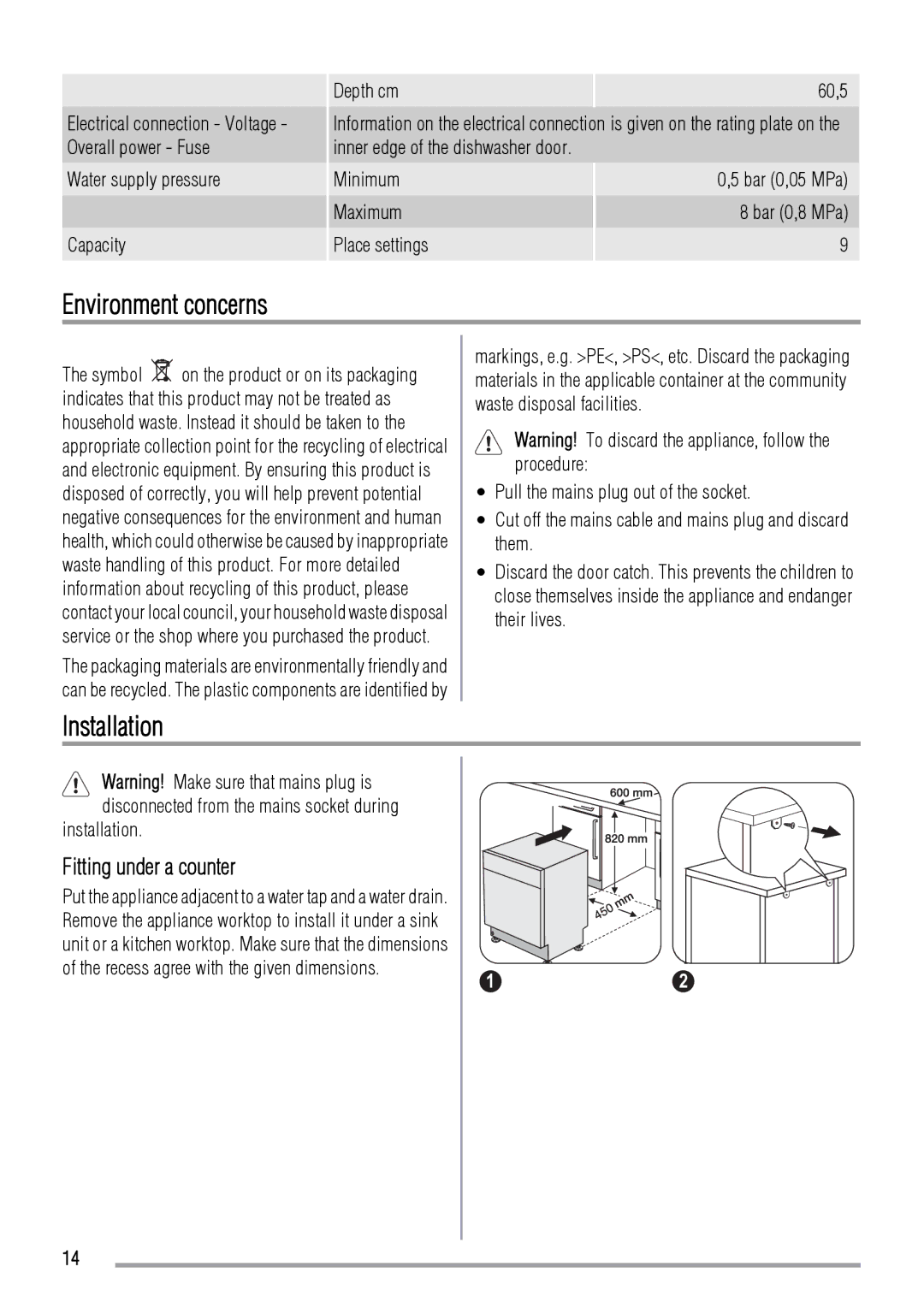 Zanussi ZDS 2010 user manual Environment concerns, Installation, Fitting under a counter, Maximum Bar 0,8, Place settings 