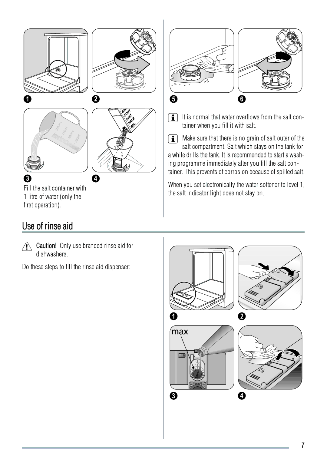 Zanussi ZDS 2010 user manual Use of rinse aid, Do these steps to fill the rinse aid dispenser 