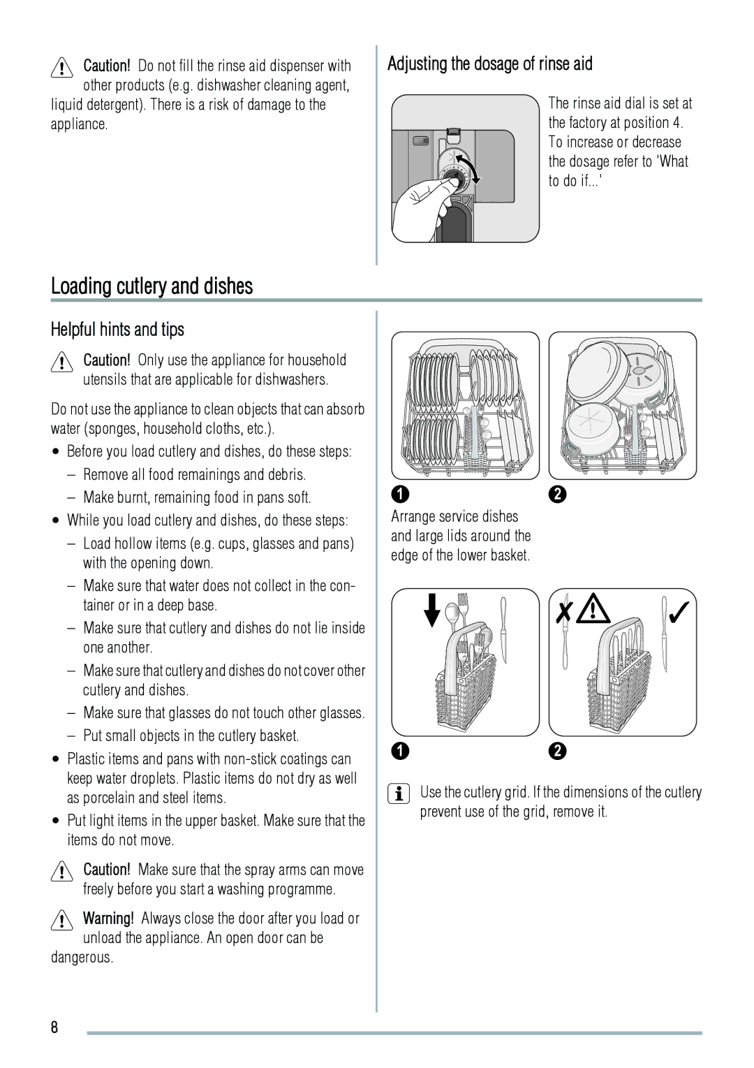 Zanussi ZDS 2010 user manual Loading cutlery and dishes, Adjusting the dosage of rinse aid, Helpful hints and tips 