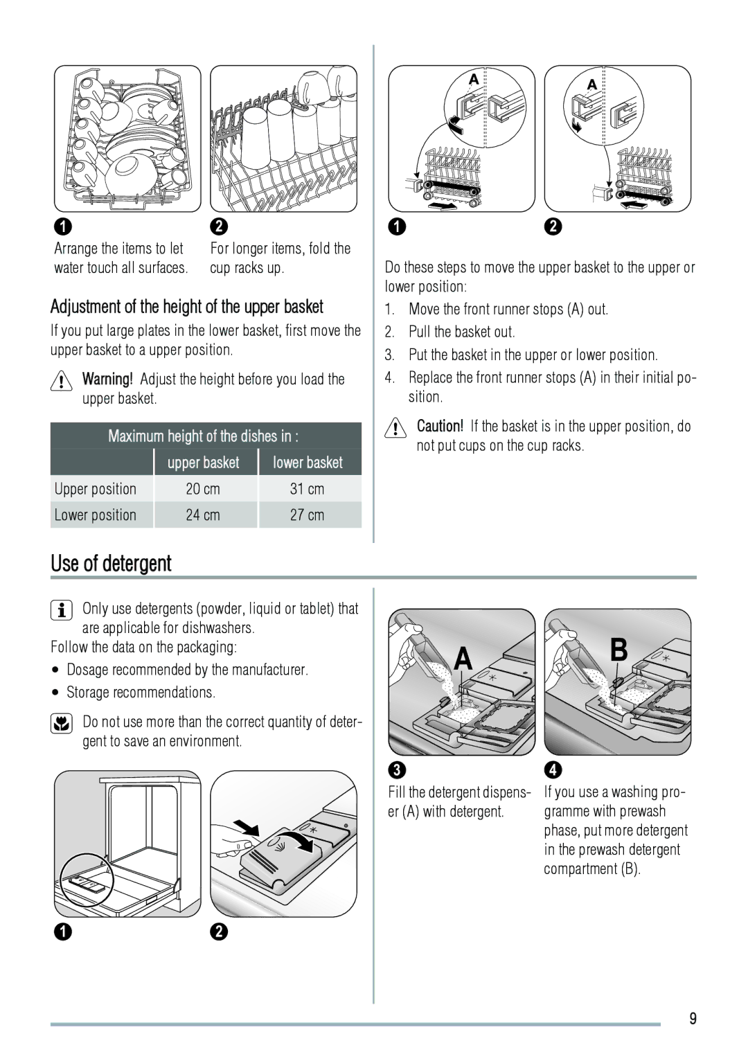 Zanussi ZDS 2010 user manual Use of detergent, Cup racks up, Maximum height of the dishes 