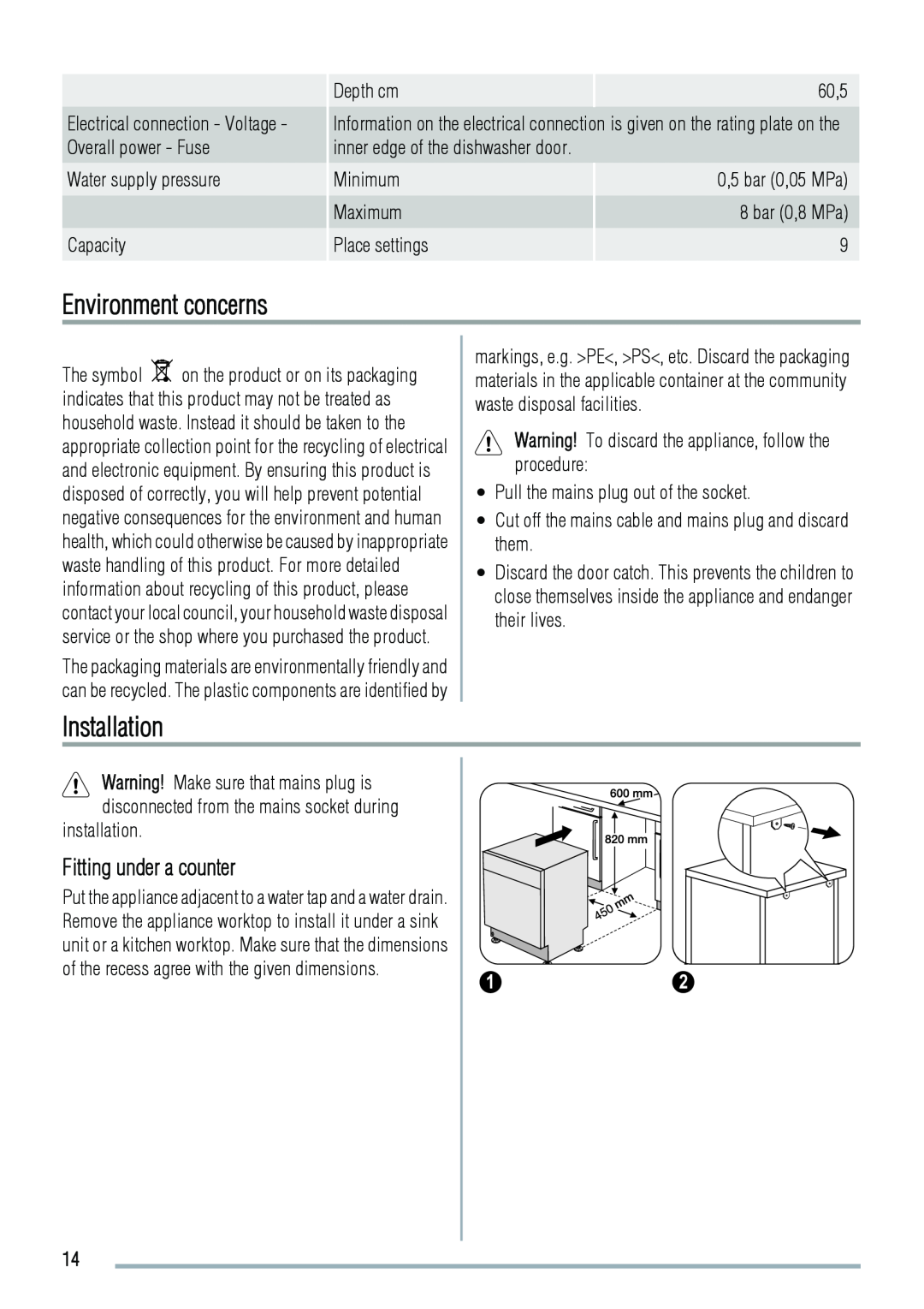 Zanussi ZDS 2010 user manual Environment concerns, Installation, Fitting under a counter 