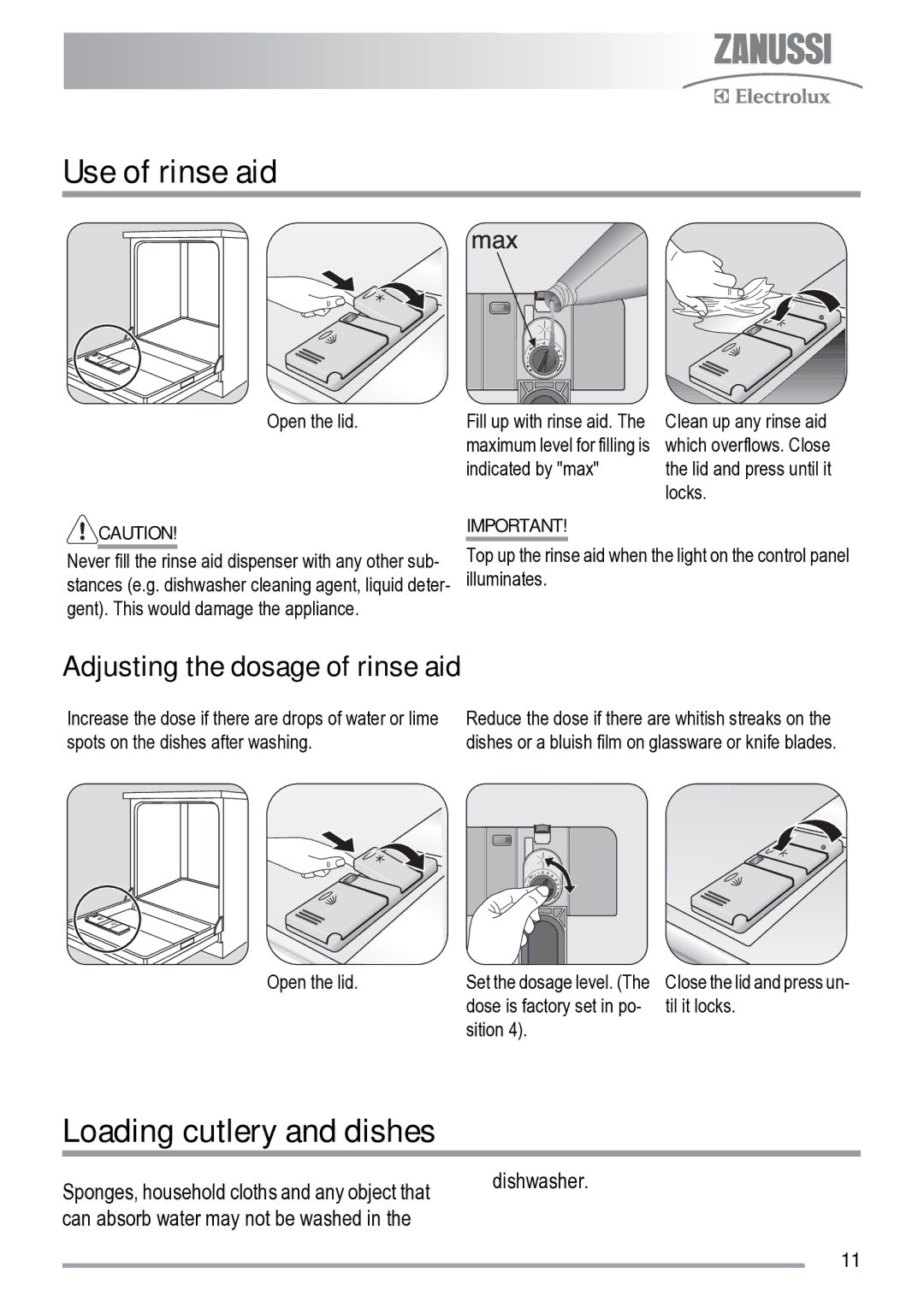 Zanussi ZDS 231 user manual Use of rinse aid, Loading cutlery and dishes, Adjusting the dosage of rinse aid 