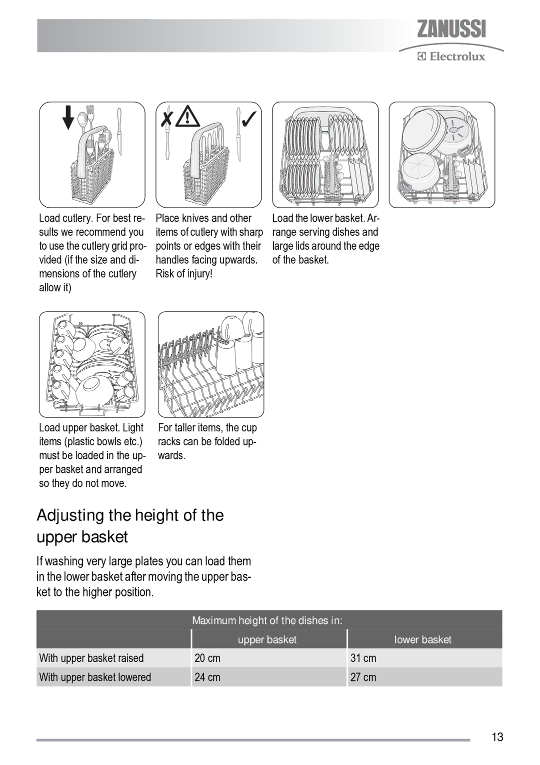 Zanussi ZDS 231 Adjusting the height of the upper basket, Maximum height of the dishes Upper basket, Lower basket 