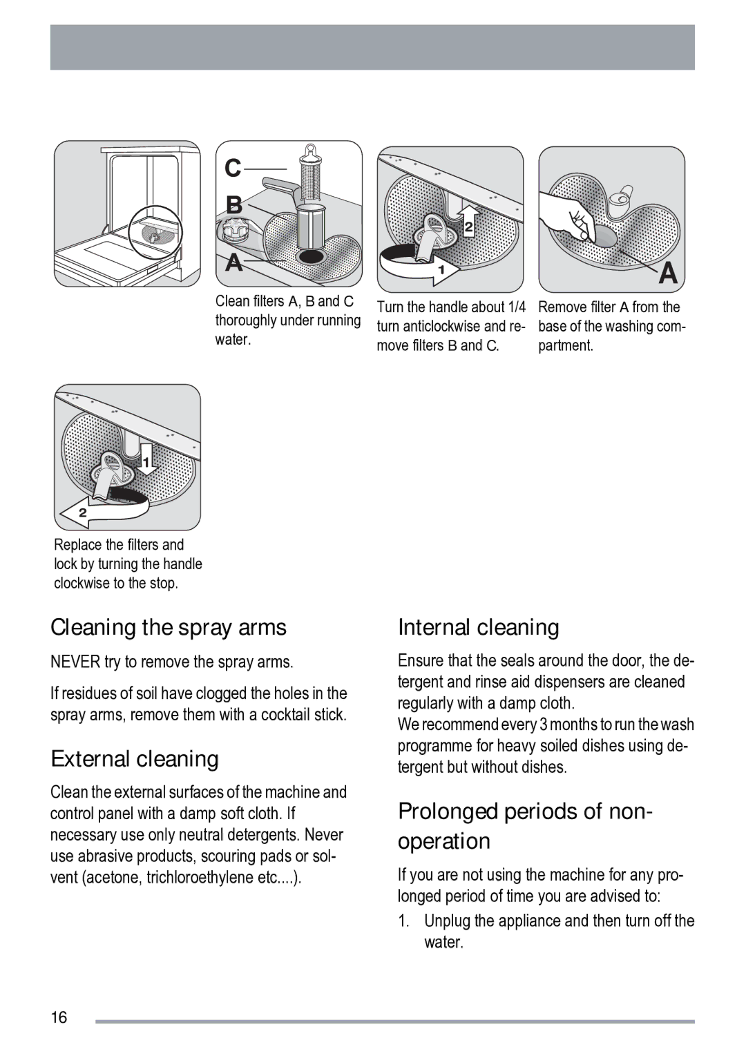 Zanussi ZDS 231 Cleaning the spray arms, External cleaning, Internal cleaning, Prolonged periods of non- operation 