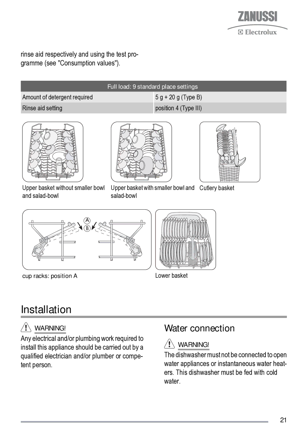 Zanussi ZDS 231 user manual Installation, Water connection, Full load 9 standard place settings 