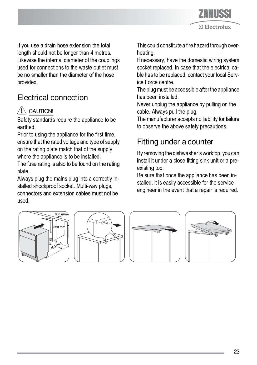 Zanussi ZDS 231 user manual Electrical connection, Fitting under a counter 