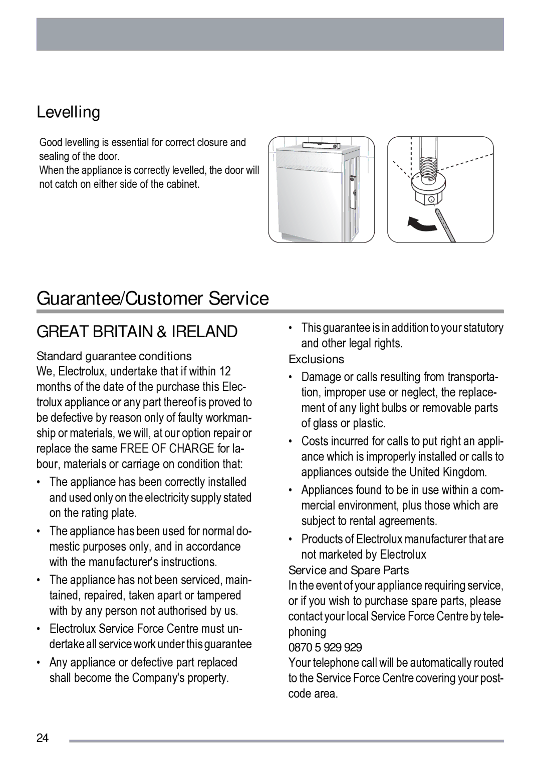 Zanussi ZDS 231 user manual Guarantee/Customer Service, Levelling 