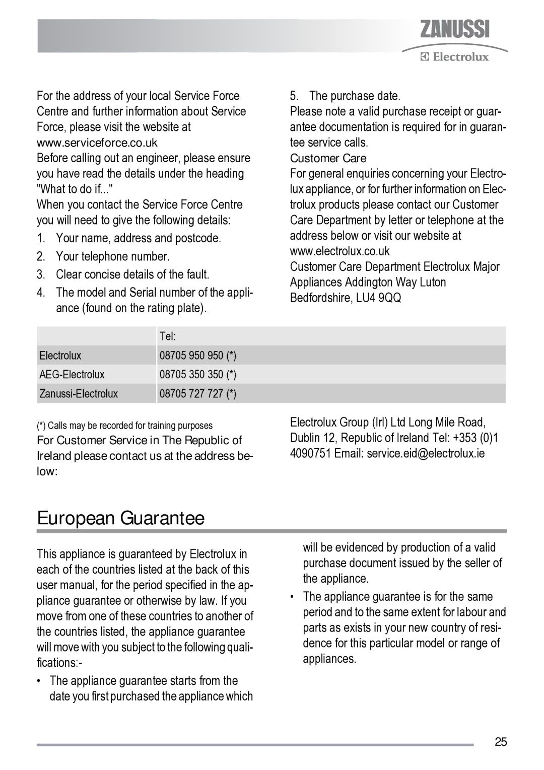 Zanussi ZDS 231 user manual European Guarantee, Customer Care 