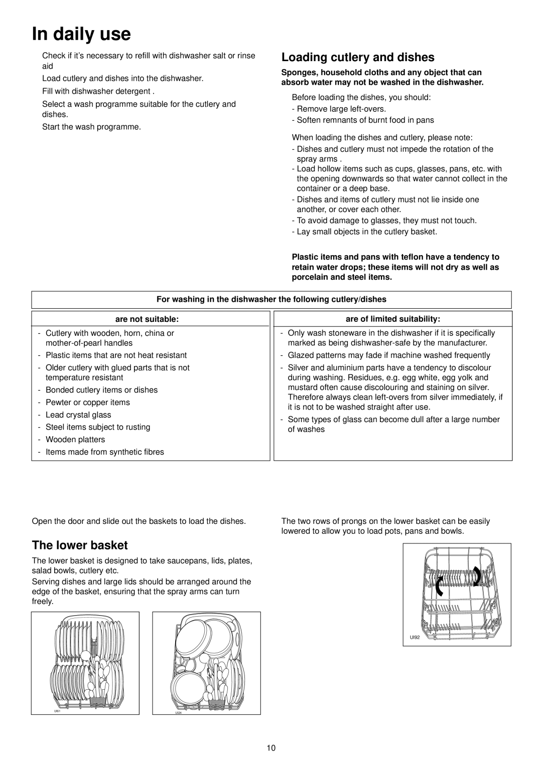 Zanussi ZDS 300 manual Daily use, Loading cutlery and dishes, Lower basket, Are of limited suitability 