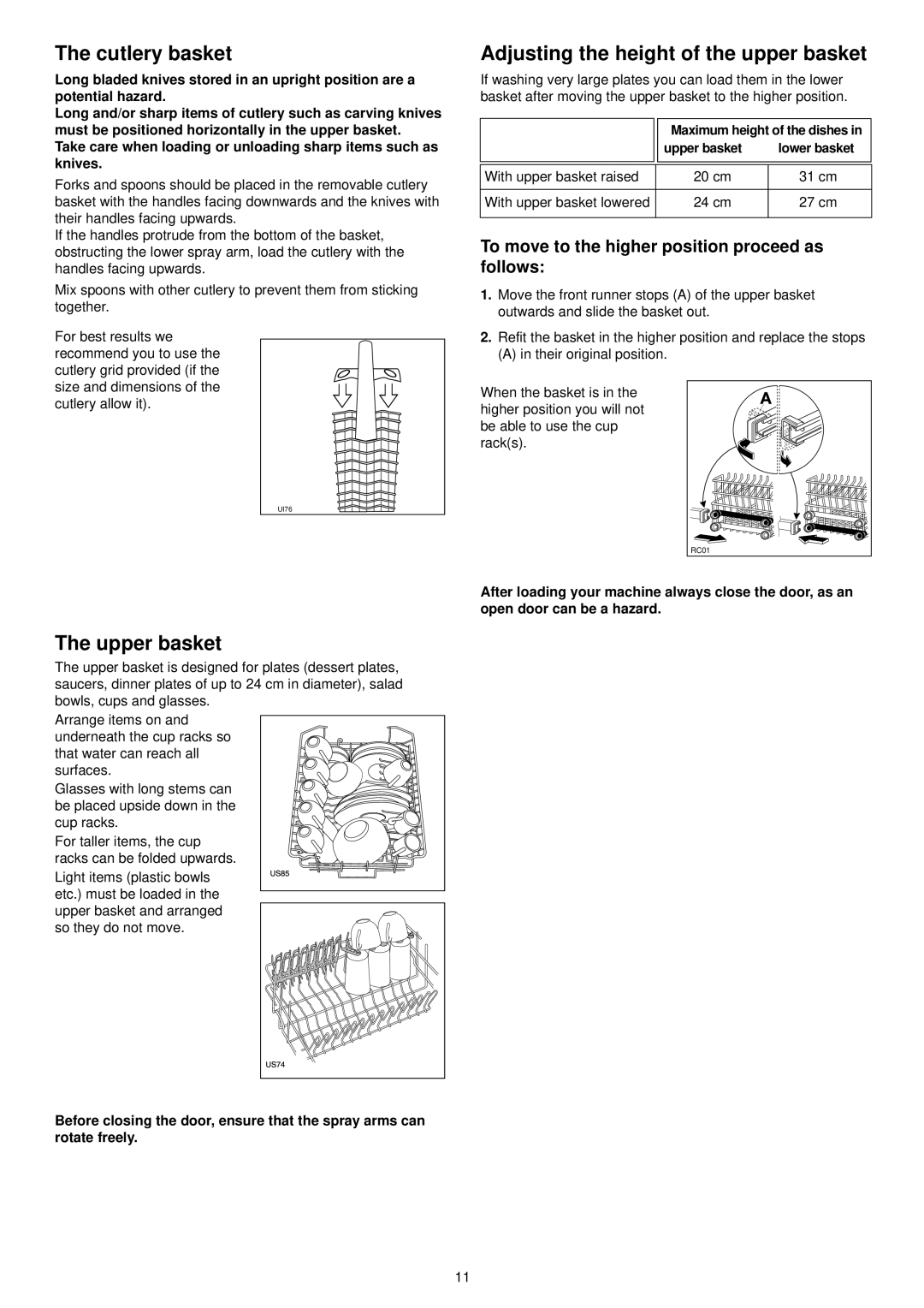 Zanussi ZDS 300 manual Cutlery basket, Adjusting the height of the upper basket, Upper basket 