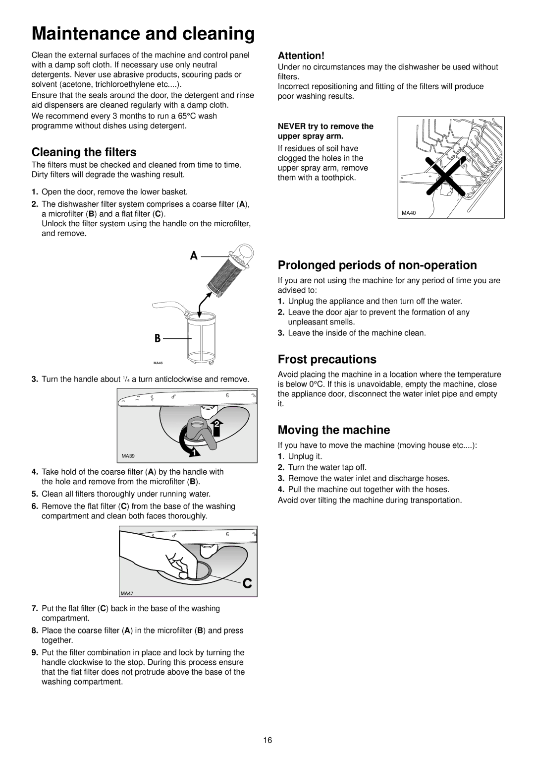 Zanussi ZDS 300 Maintenance and cleaning, Cleaning the filters, Prolonged periods of non-operation, Frost precautions 