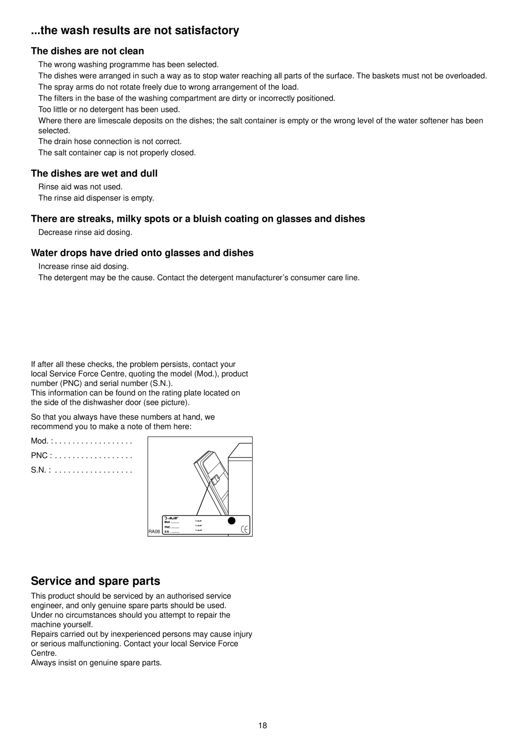 Zanussi ZDS 300 Wash results are not satisfactory, Service and spare parts, Dishes are not clean, Dishes are wet and dull 