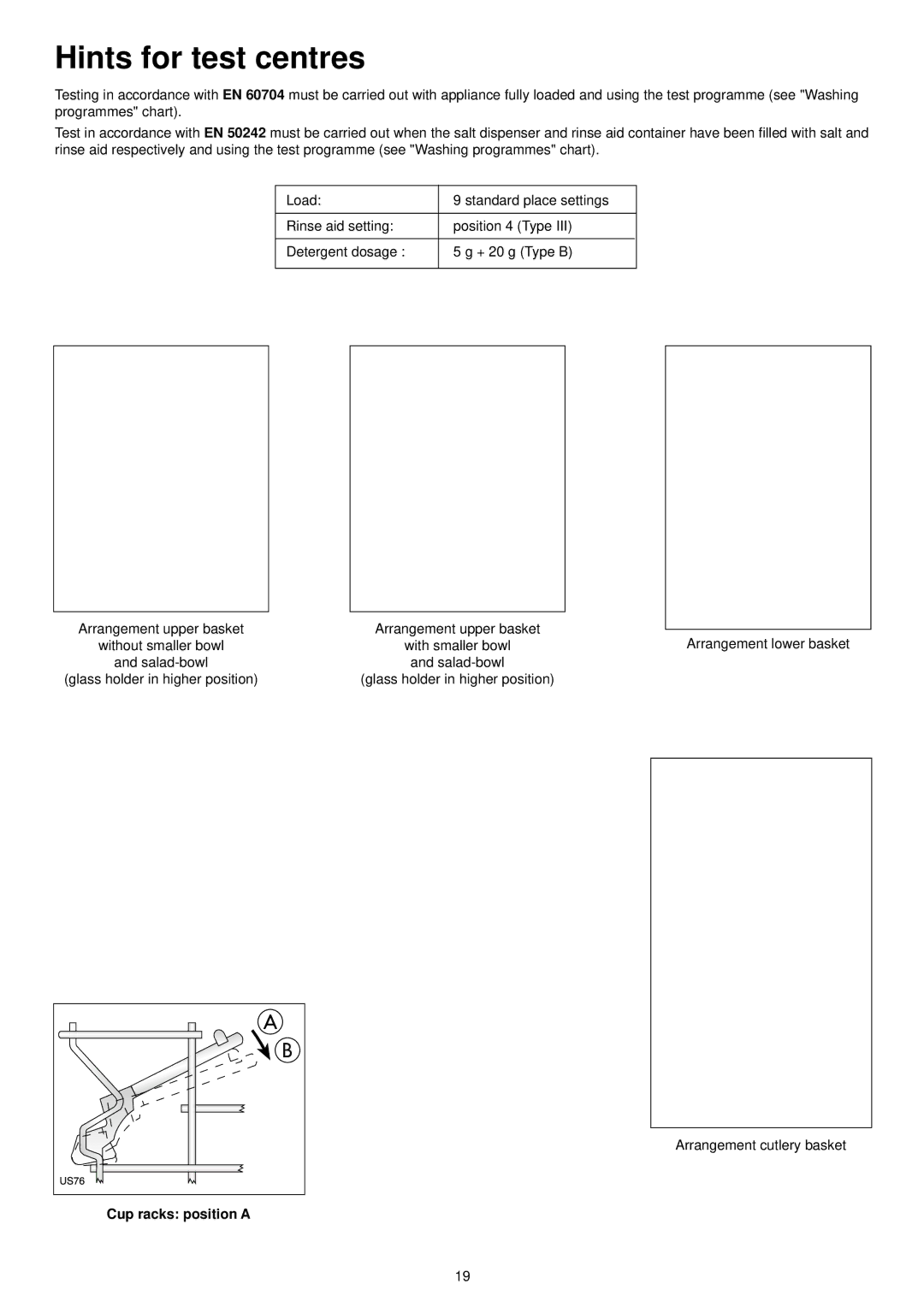 Zanussi ZDS 300 manual Hints for test centres, Cup racks position a 