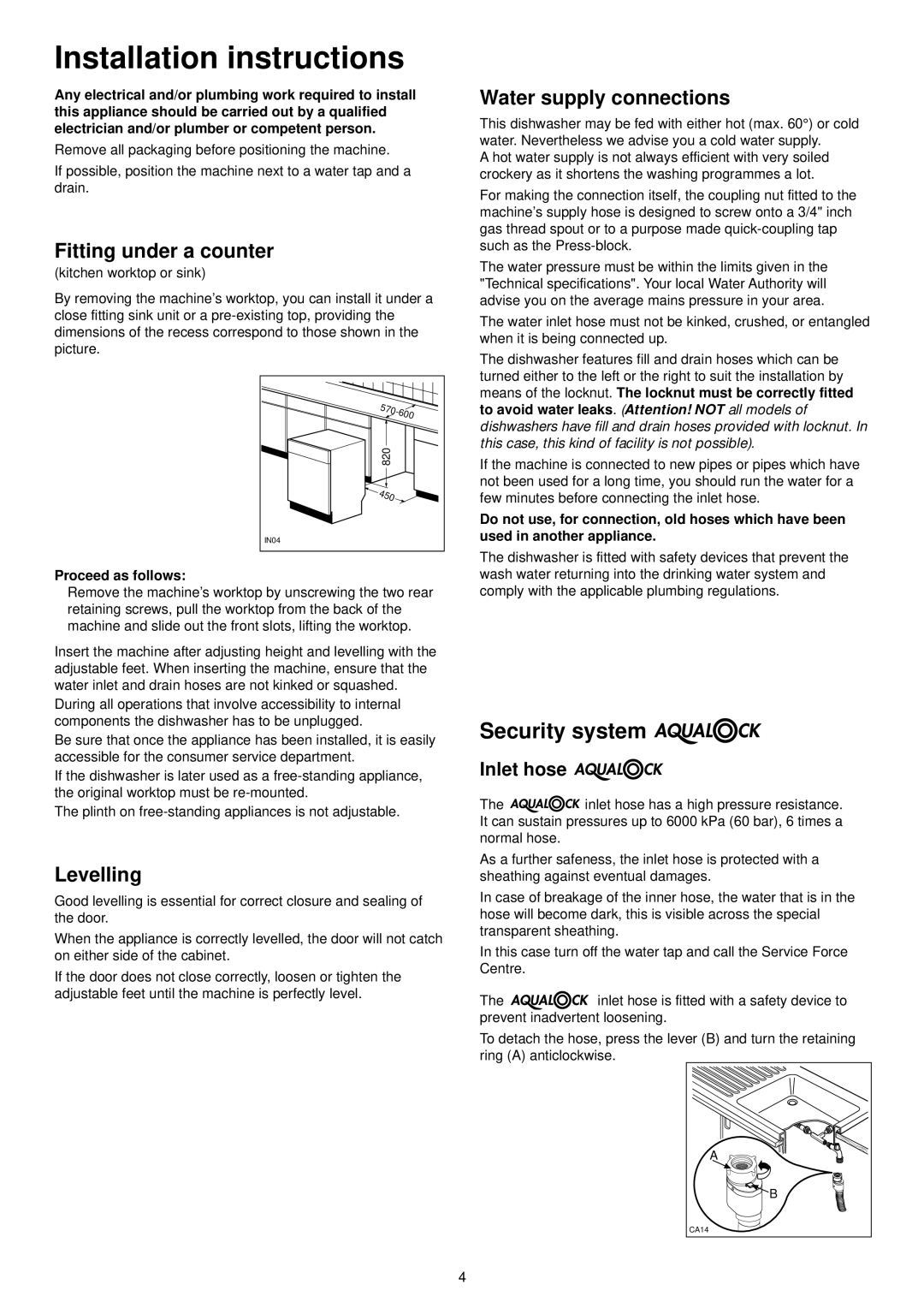 Zanussi ZDS 300 manual Installation instructions, Fitting under a counter, Levelling, Water supply connections 