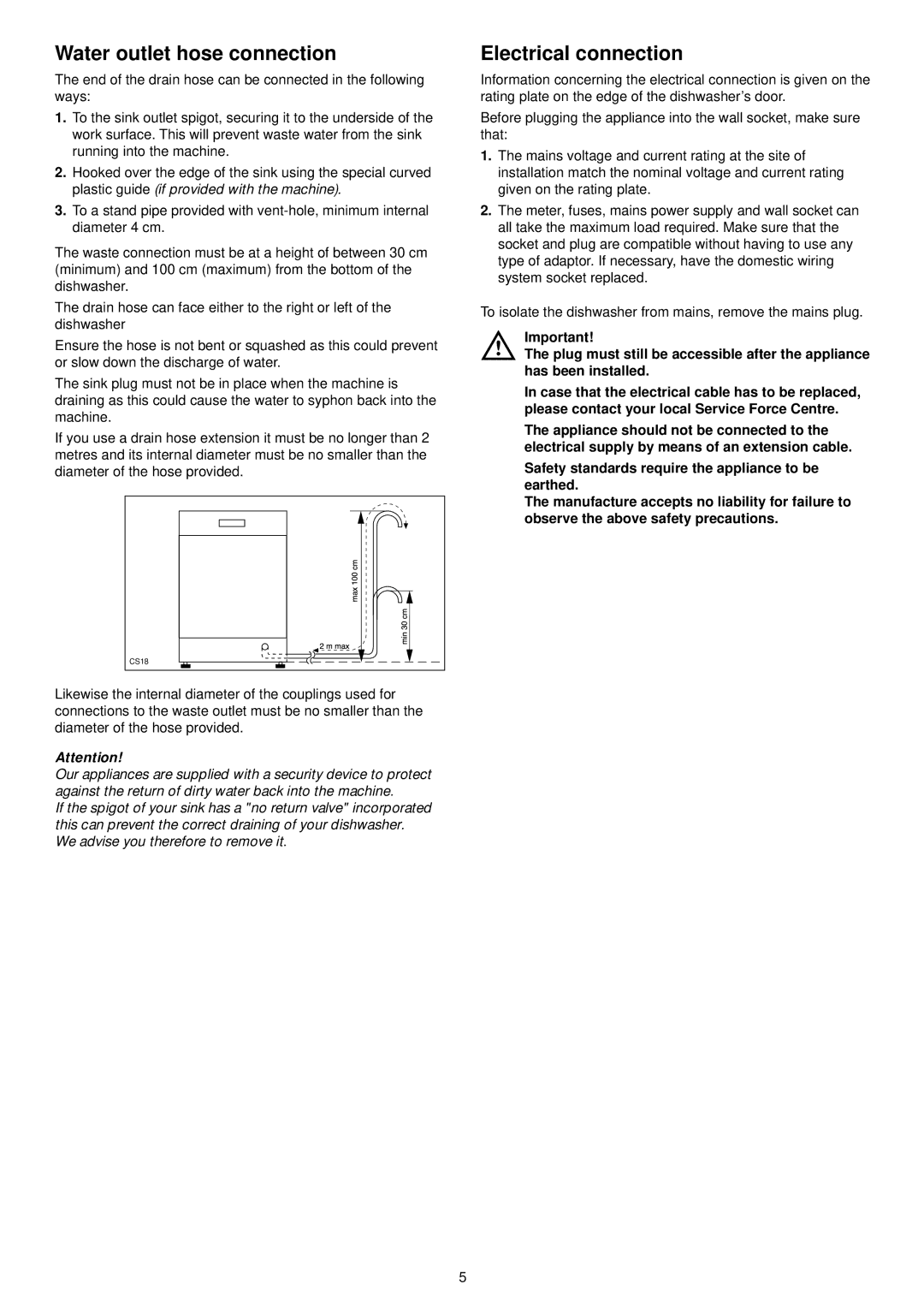 Zanussi ZDS 300 manual Water outlet hose connection, Electrical connection 