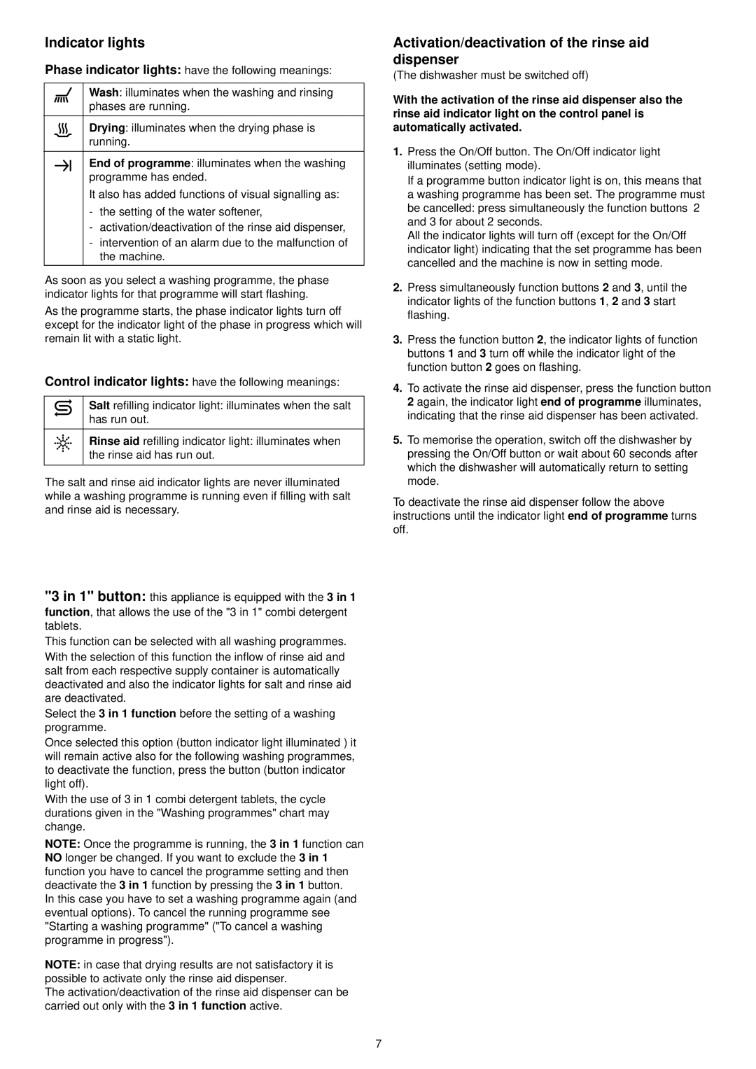 Zanussi ZDS 300 manual Indicator lights, Activation/deactivation of the rinse aid dispenser 