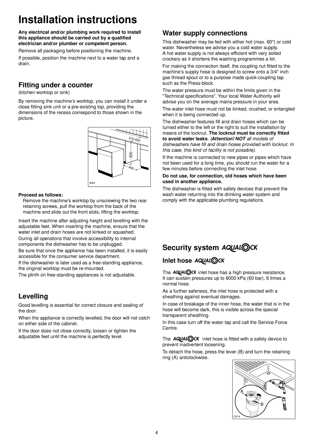 Zanussi ZDS 300 manual Installation instructions, Fitting under a counter, Levelling, Water supply connections, Inlet hose 