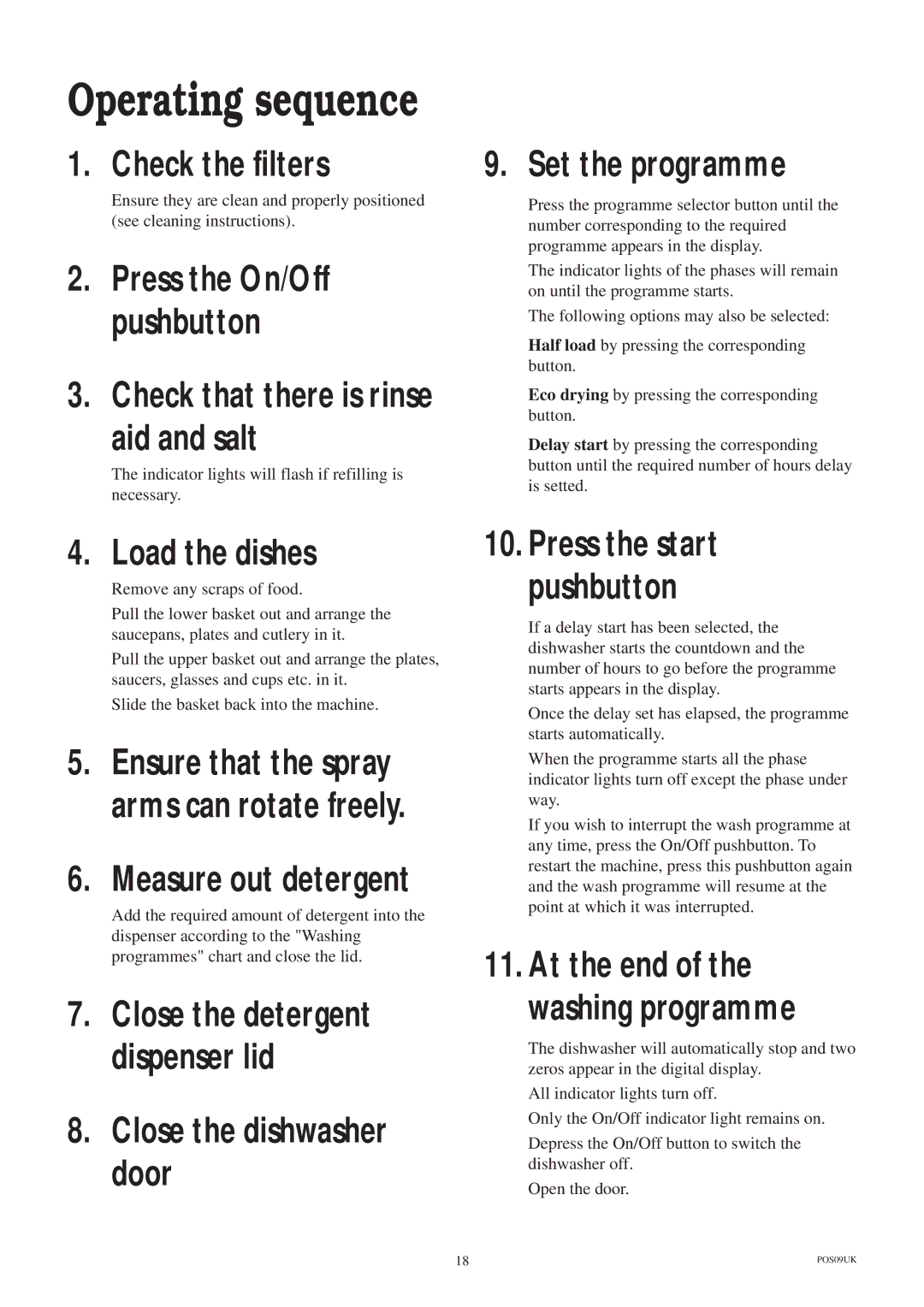 Zanussi ZDS 689 EX manual Operating sequence, Check the filters, Aid and salt, Set the programme, Load the dishes 