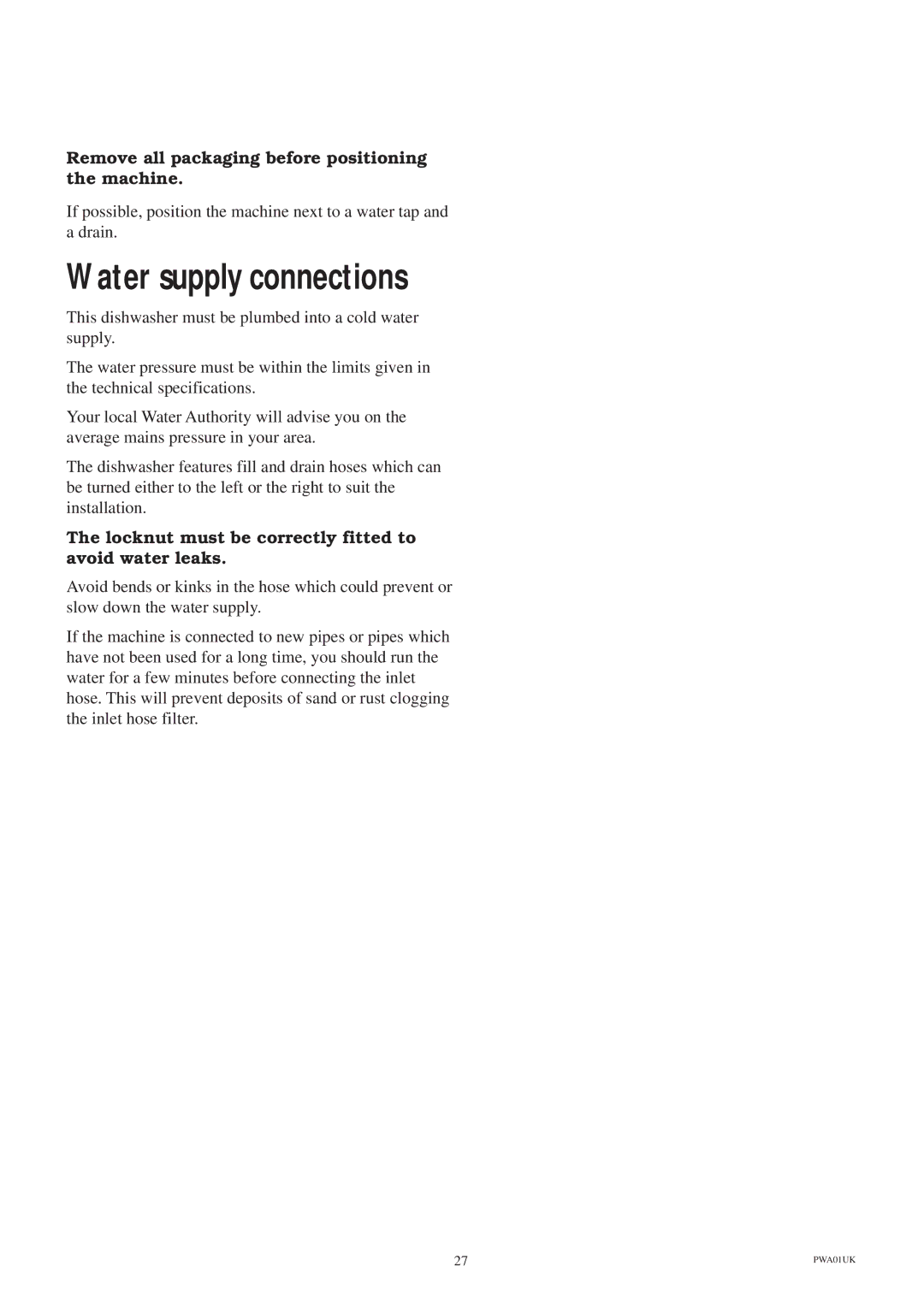 Zanussi ZDS 689 EX manual Water supply connections, Remove all packaging before positioning the machine 