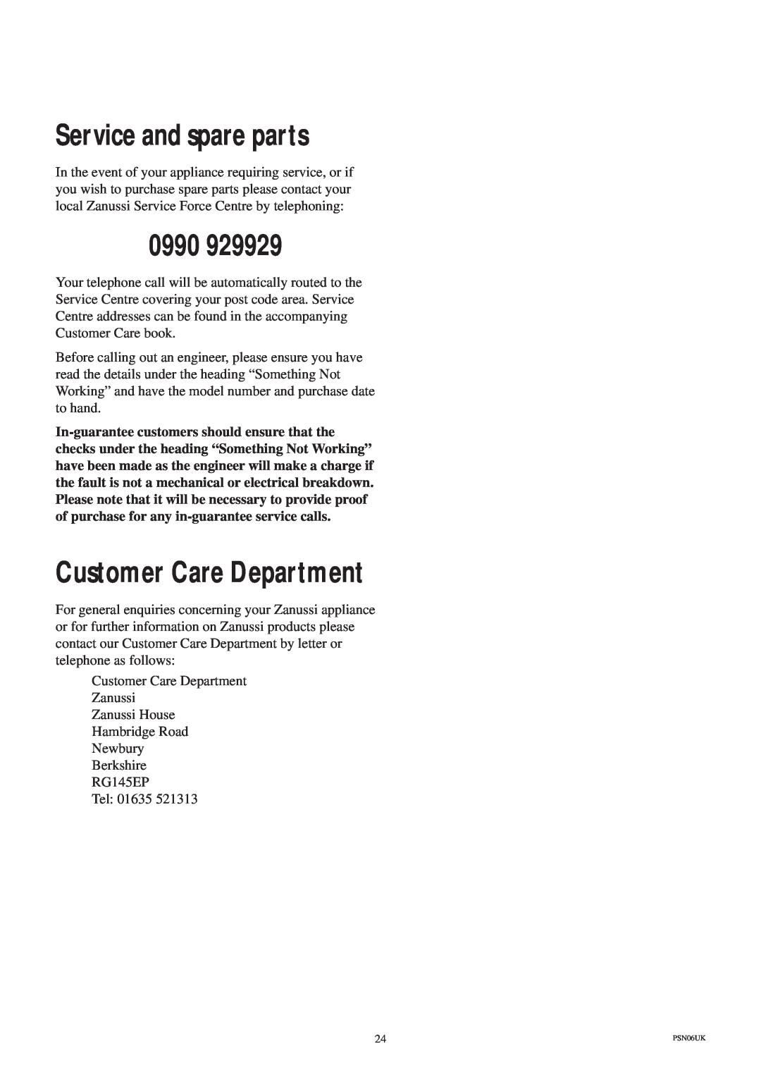 Zanussi ZDS 689 EX manual Service and spare parts, 0990, Customer Care Department 