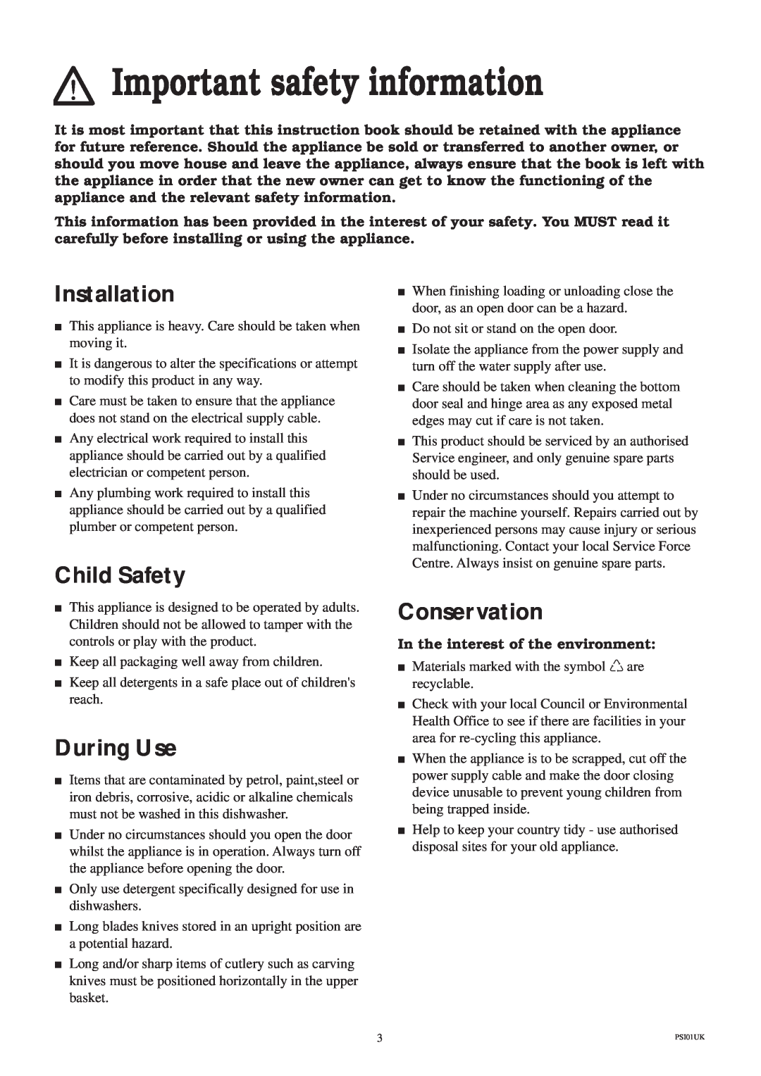 Zanussi ZDS 689 EX manual Important safety information, Installation, Child Safety, During Use, Conservation 