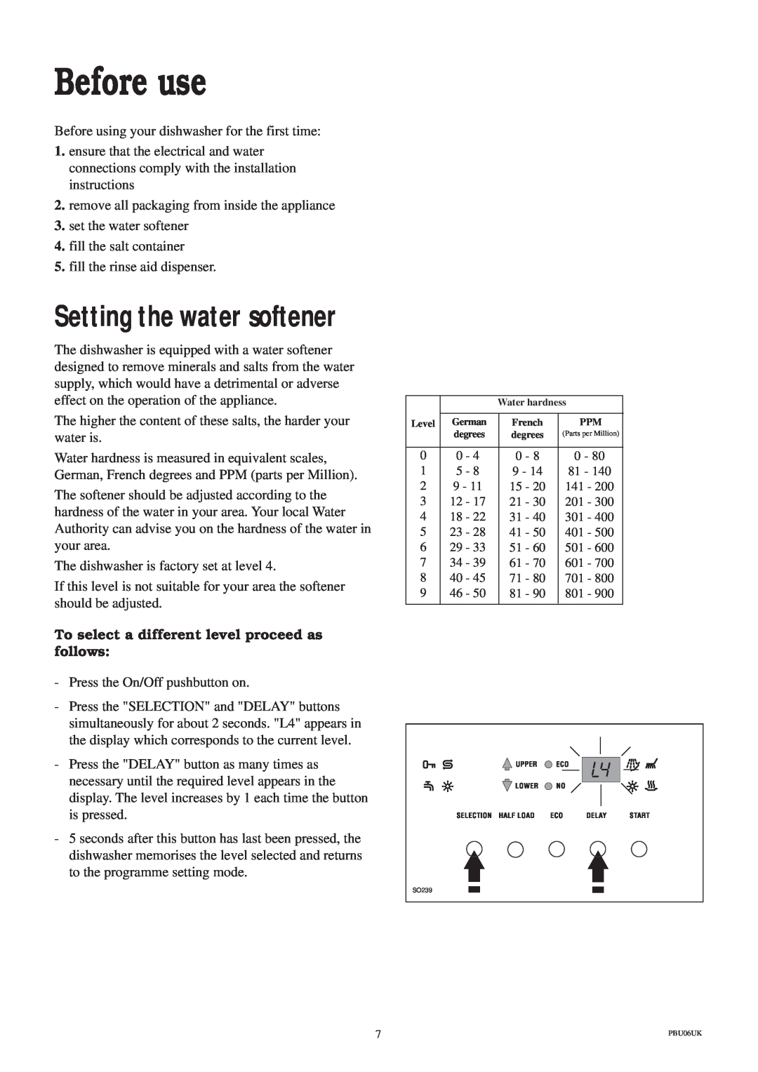 Zanussi ZDS 689 EX manual Before use, Setting the water softener, To select a different level proceed as follows 