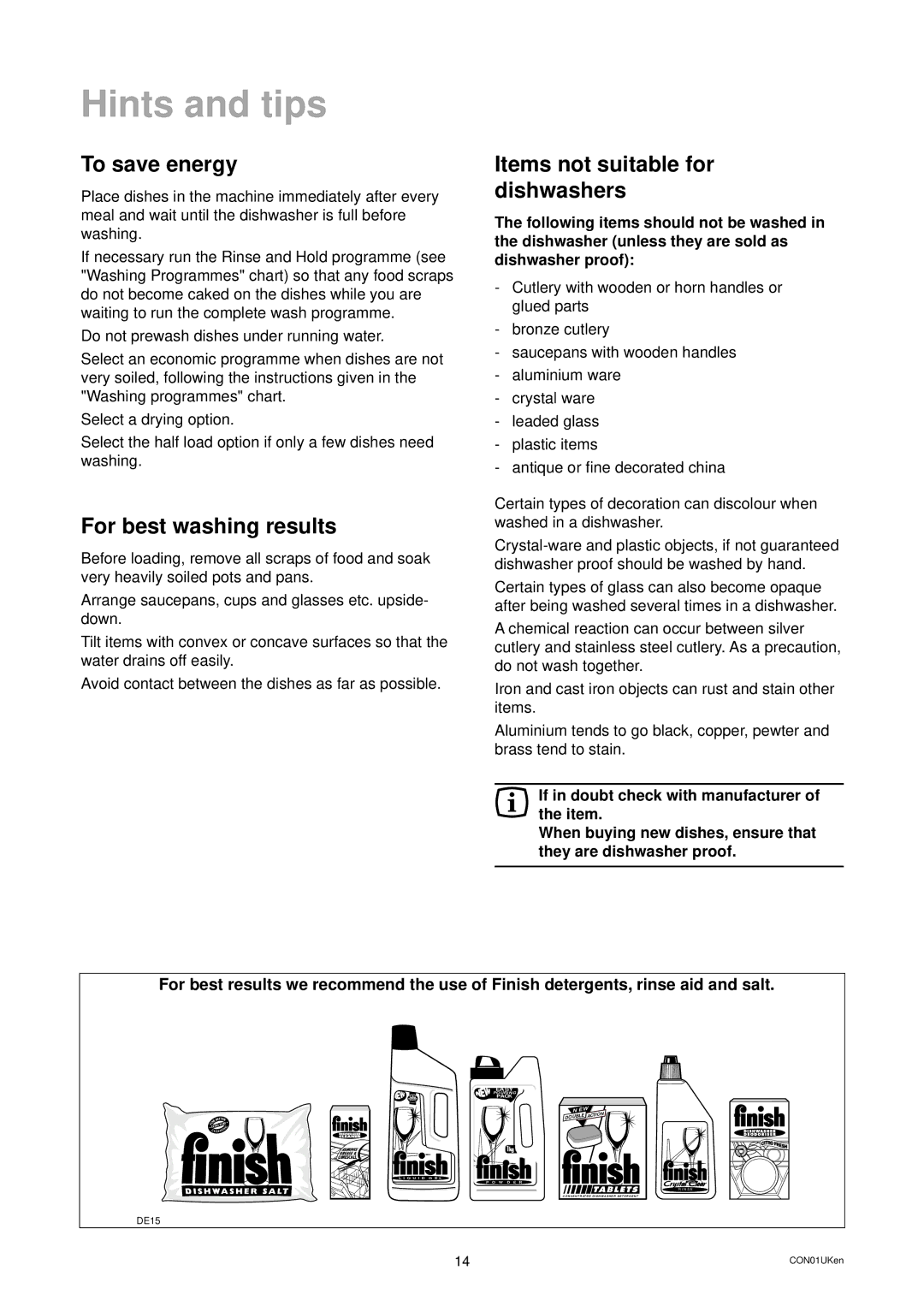 Zanussi ZDS 699 EX manual Hints and tips, To save energy, For best washing results, Items not suitable for dishwashers 