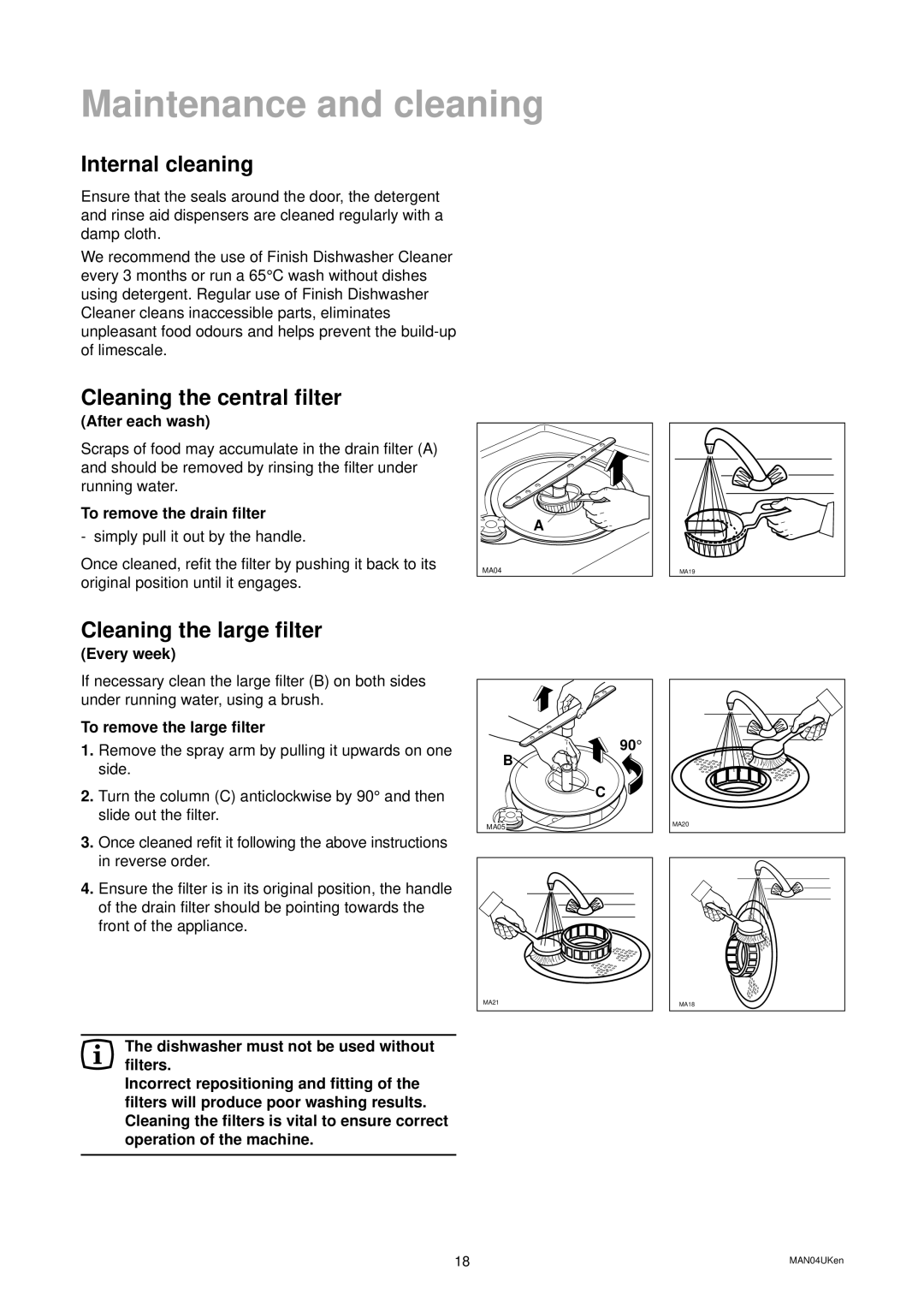 Zanussi ZDS 699 EX manual Internal cleaning, Cleaning the central filter, Cleaning the large filter 