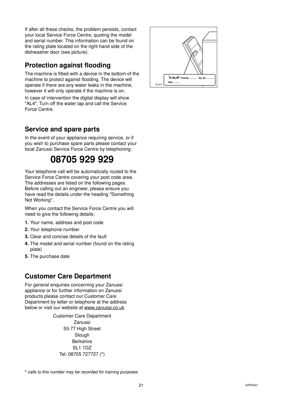 Zanussi ZDS 699 EX manual Protection against flooding, Service and spare parts, Customer Care Department, Slough Berkshire 