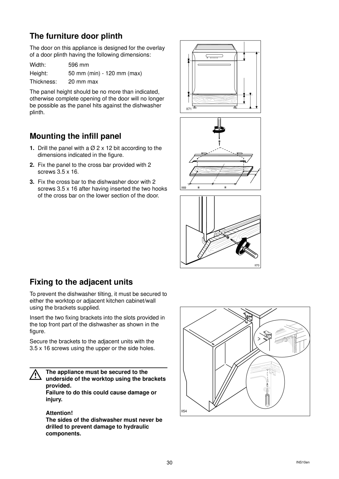 Zanussi ZDS 699 EX Furniture door plinth, Mounting the infill panel, Fixing to the adjacent units, Width 596 mm Height 