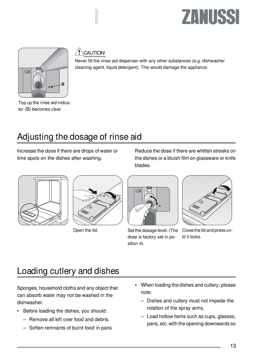 Zanussi ZDT 311 user manual Adjusting the dosage of rinse aid, Loading cutlery and dishes 