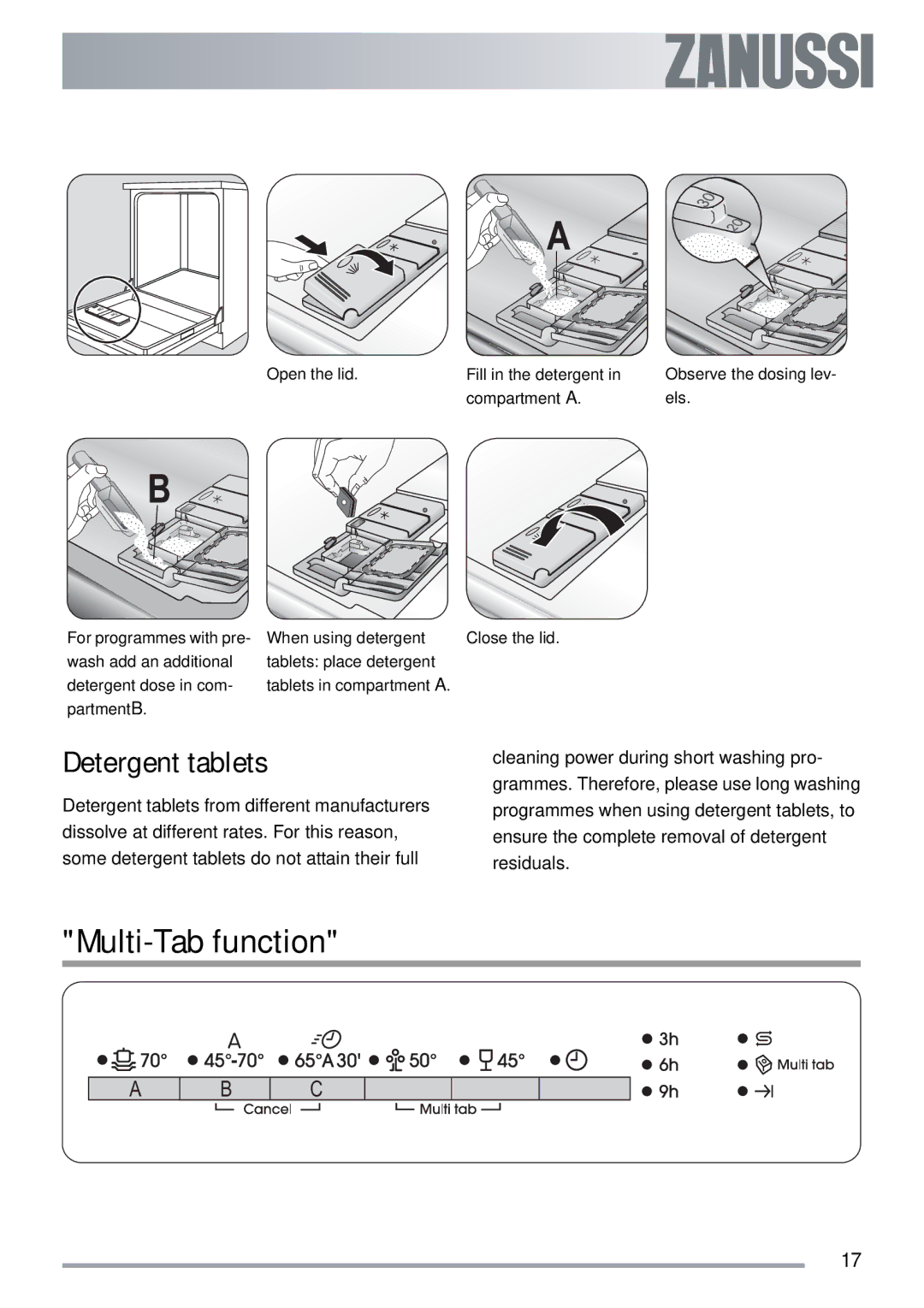 Zanussi ZDT 311 user manual Multi-Tab function, Detergent tablets 