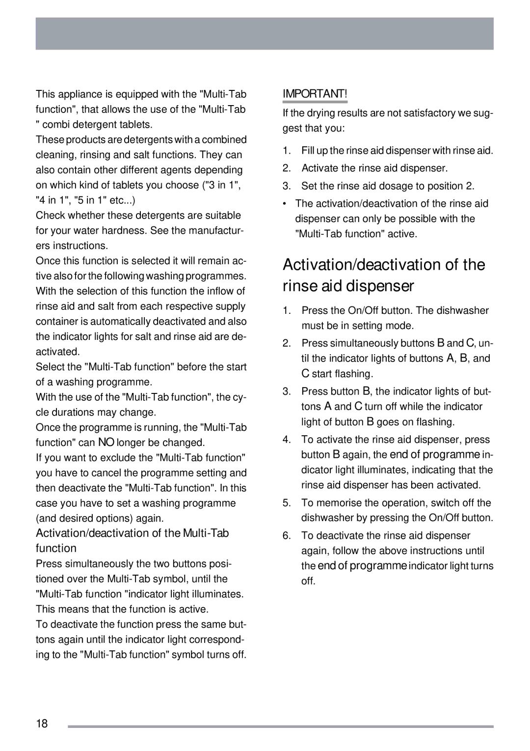 Zanussi ZDT 311 Activation/deactivation of the rinse aid dispenser, Activation/deactivation of the Multi-Tab function 