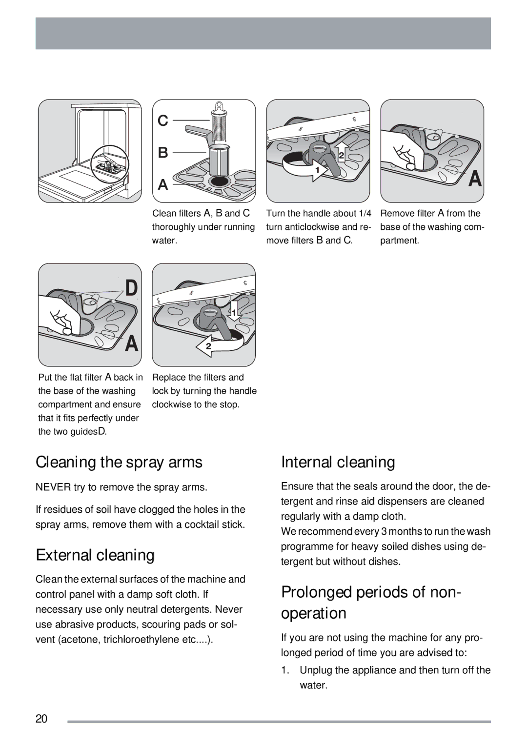 Zanussi ZDT 311 Cleaning the spray arms, External cleaning, Internal cleaning, Prolonged periods of non- operation 