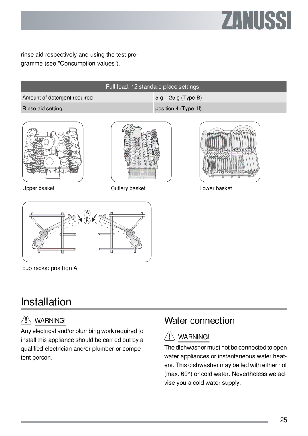 Zanussi ZDT 311 user manual Installation, Water connection, Full load 12 standard place settings 