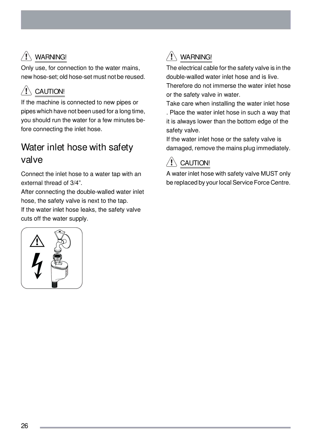 Zanussi ZDT 311 user manual Water inlet hose with safety valve 