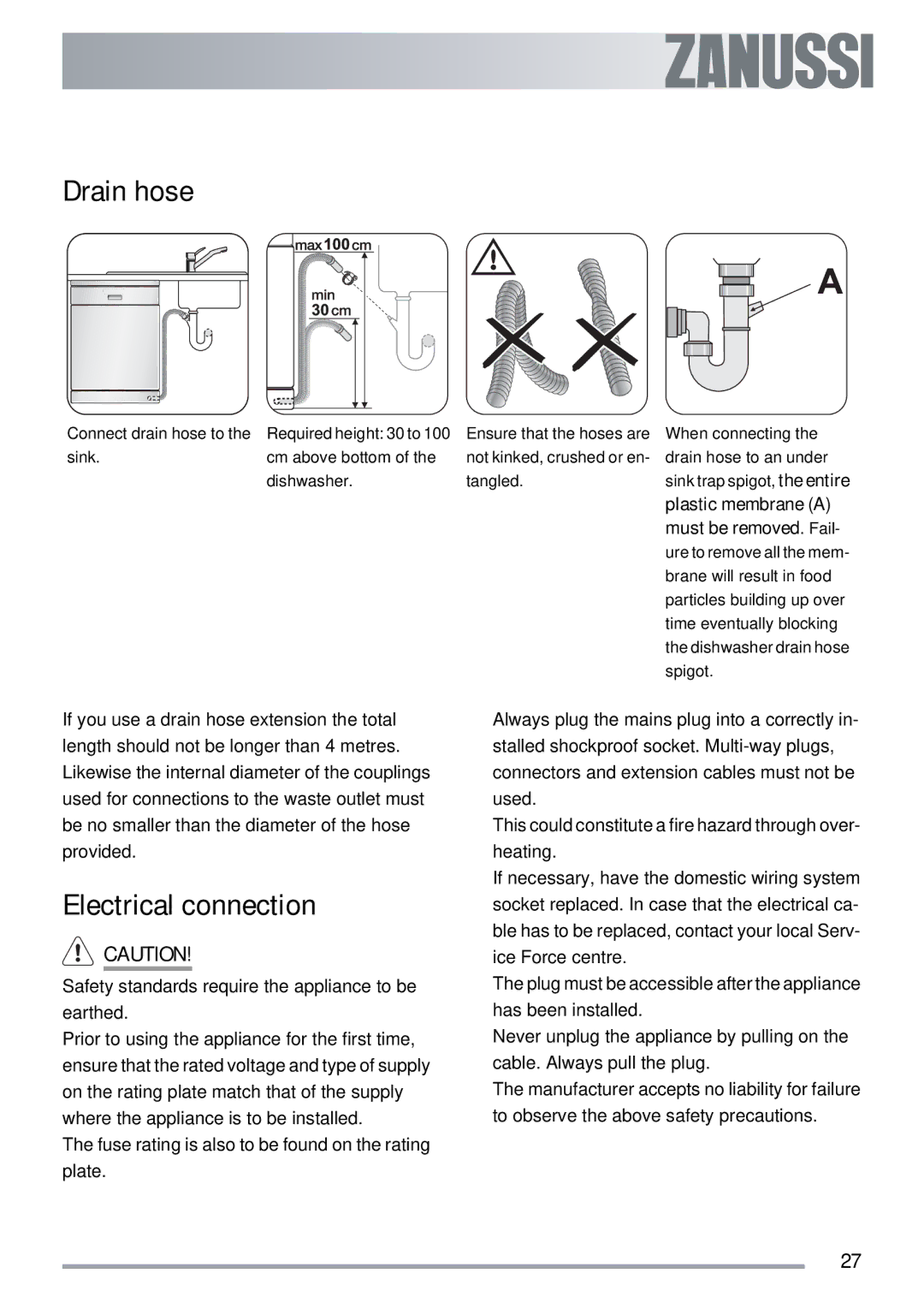 Zanussi ZDT 311 user manual Drain hose, Electrical connection 