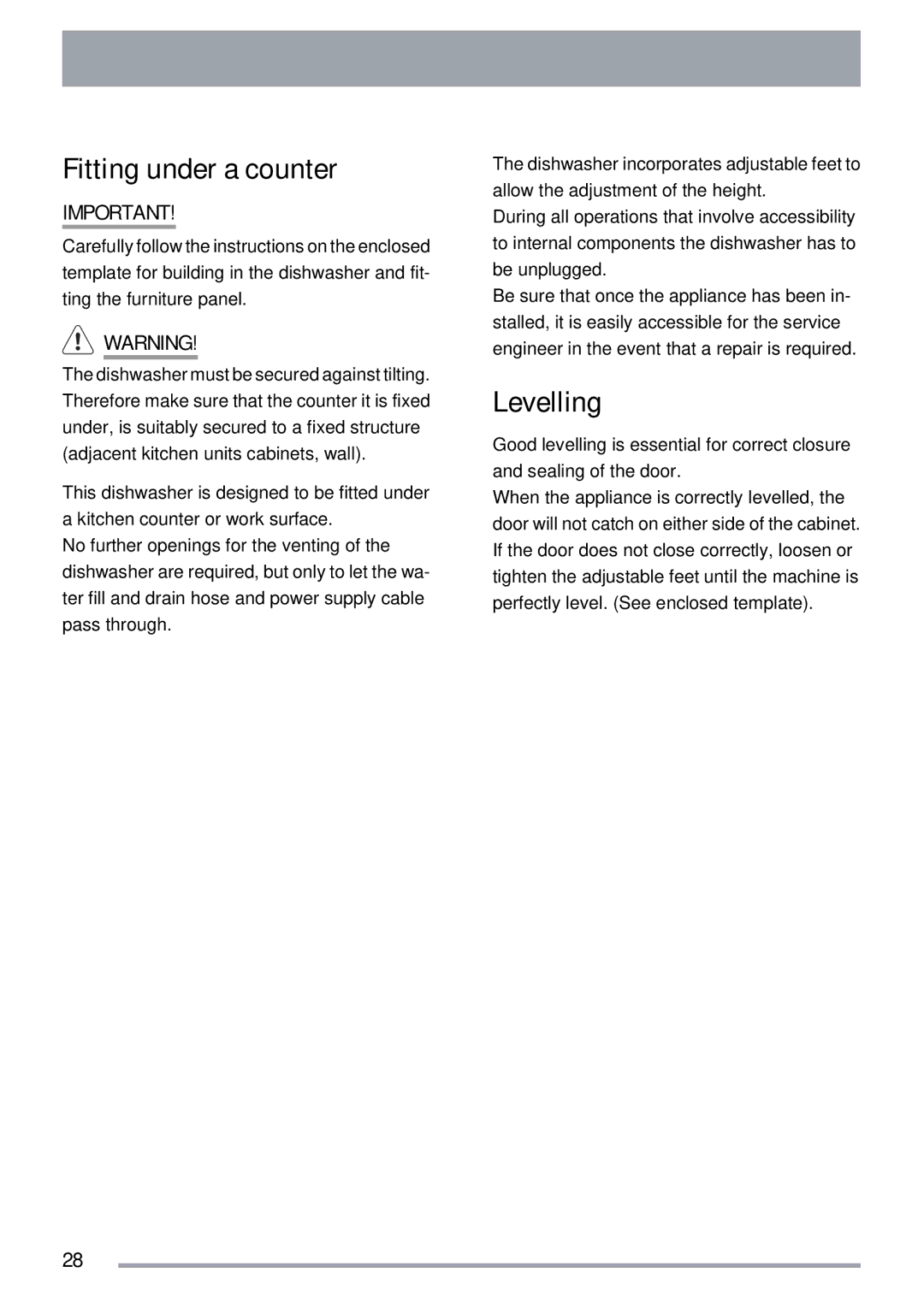 Zanussi ZDT 311 user manual Fitting under a counter, Levelling 